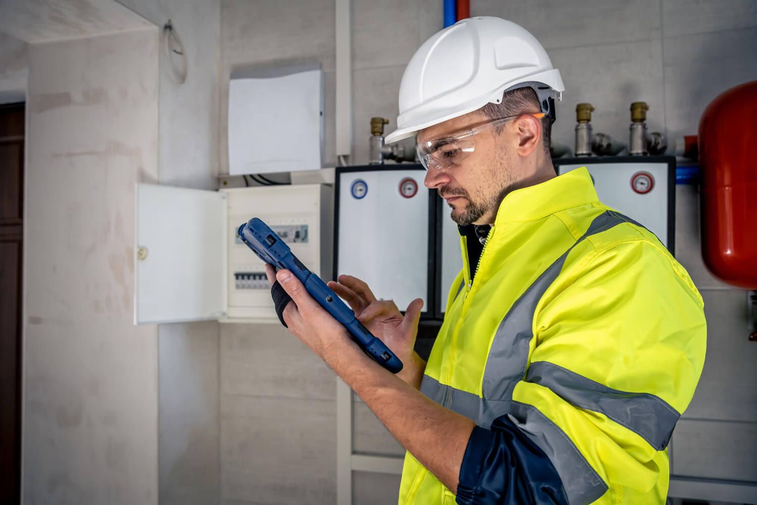 engineer with radon detector